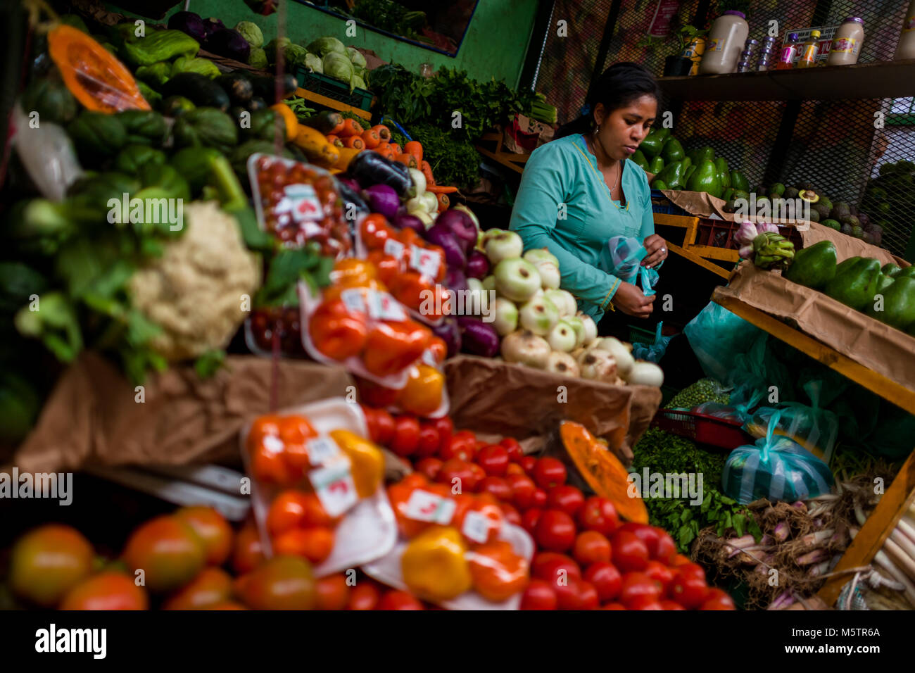 Un proveedor colombiano packs hortalizas frescas en una bolsa de plástico en el mercado de Paloquemao, en Bogotá, Colombia. Foto de stock