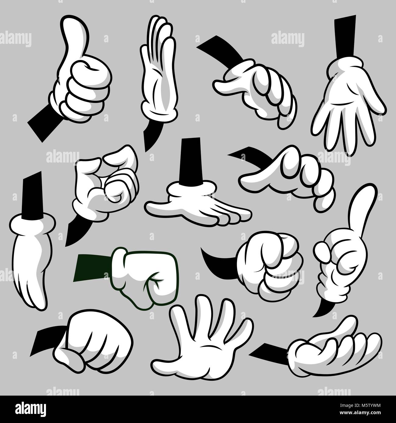 Cartoon manos con guantes aislados de conjunto de iconos. Clipart vectorial  - partes de cuerpo, brazos en guantes blancos. Colección de gestos de mano.  Las plantillas de diseño para gráficos Imagen Vector