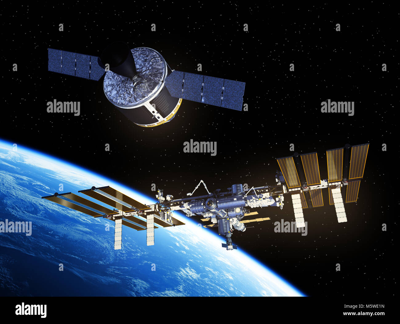 Nave de Carga se está preparando para atracar con la Estación Espacial Internacional Foto de stock