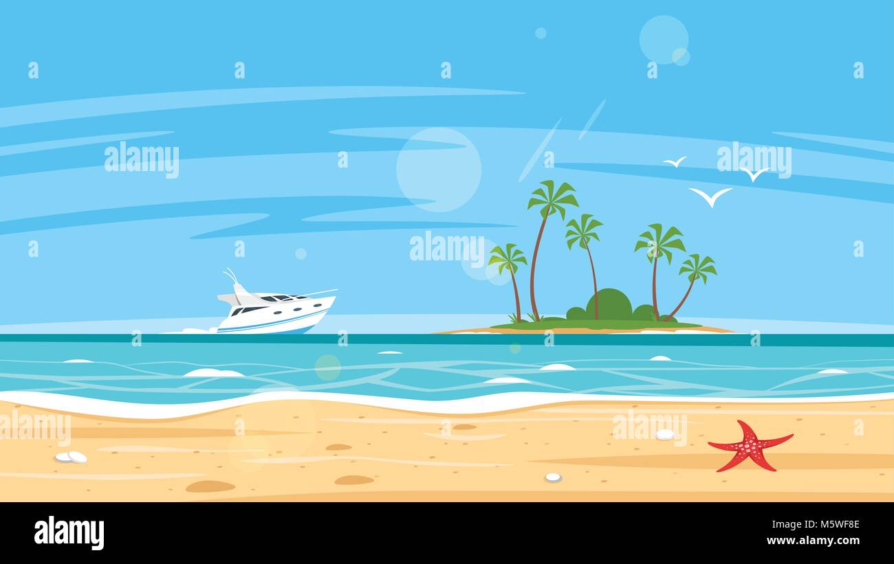 Estilo De Dibujos Animados De Vectores Fondo De Mar E Isla Tropical Lejos Con Yate Buen Dia Soleado Imagen Vector De Stock Alamy