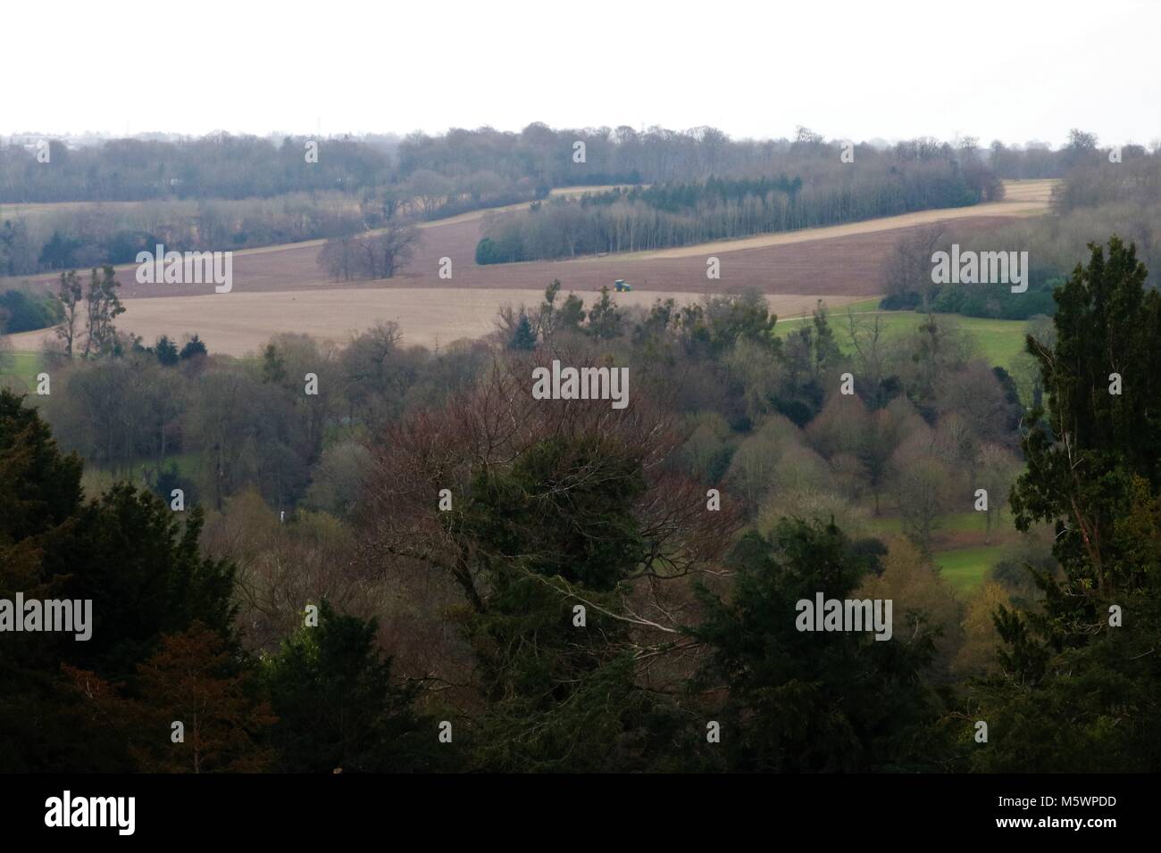 Hermoso paisaje de Buckinghamshire, Inglaterra rural con un tractor en la distancia Foto de stock