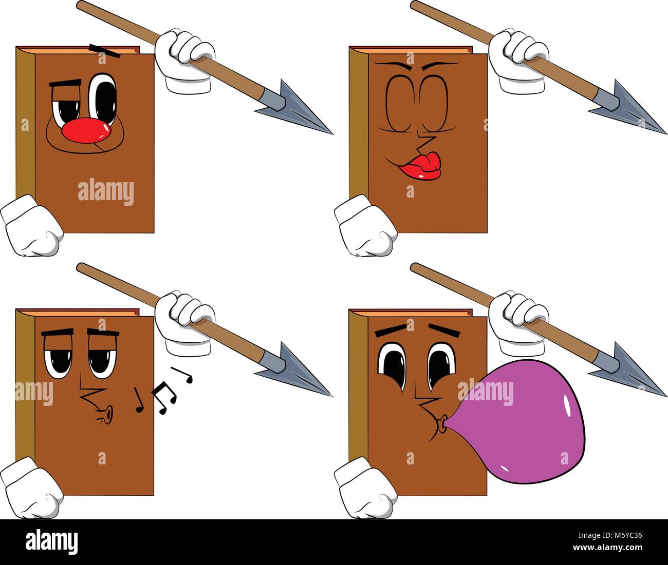 Libros sosteniendo lanza en su mano. Colección de libros de dibujos