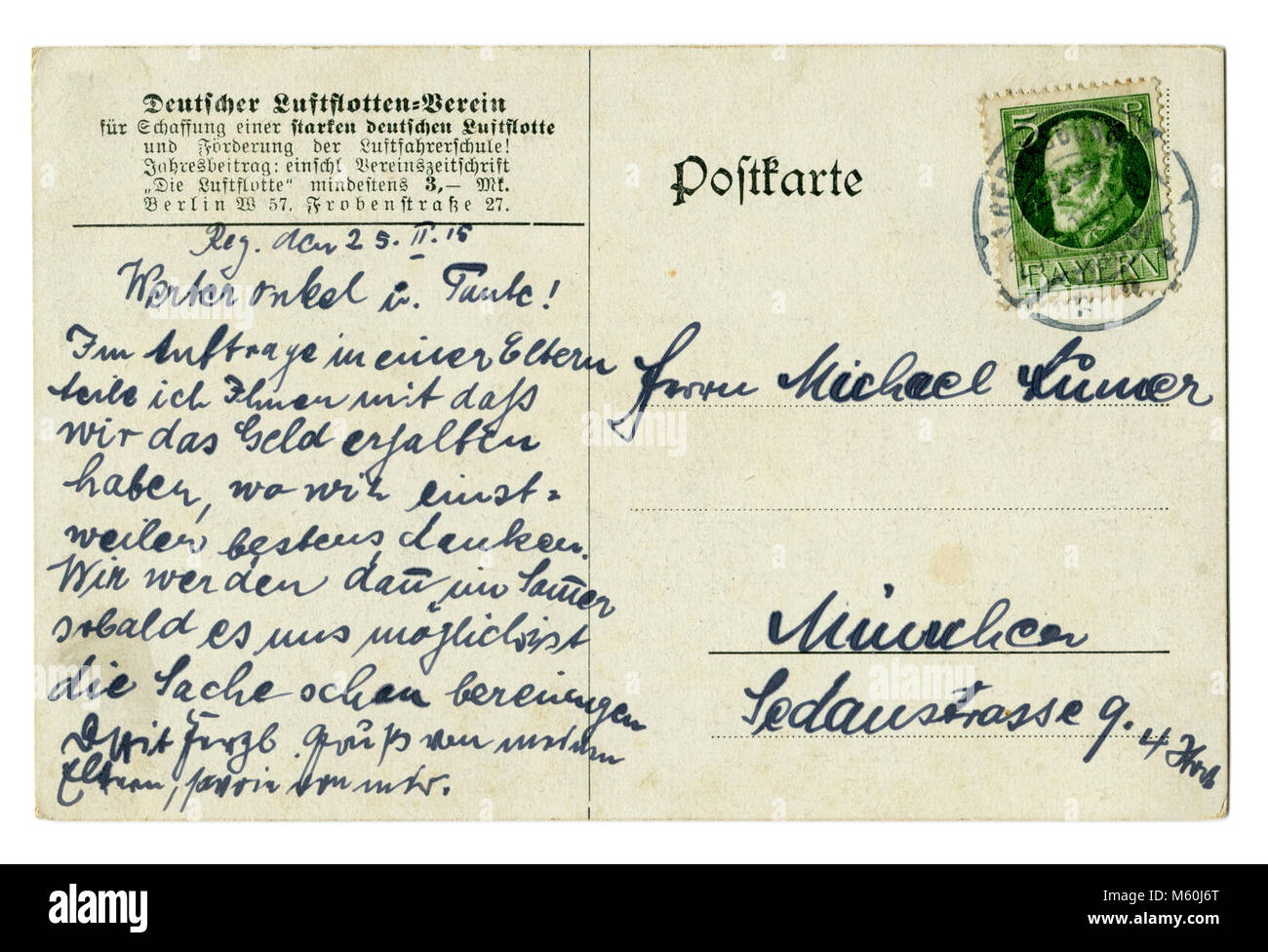 Detrás de la primera guerra mundial alemana antigua postal (M60J6K) carta escrita en tinta azul con sello de Baviera 1915, Alemania, el Reino de Baviera ww1 Foto de stock