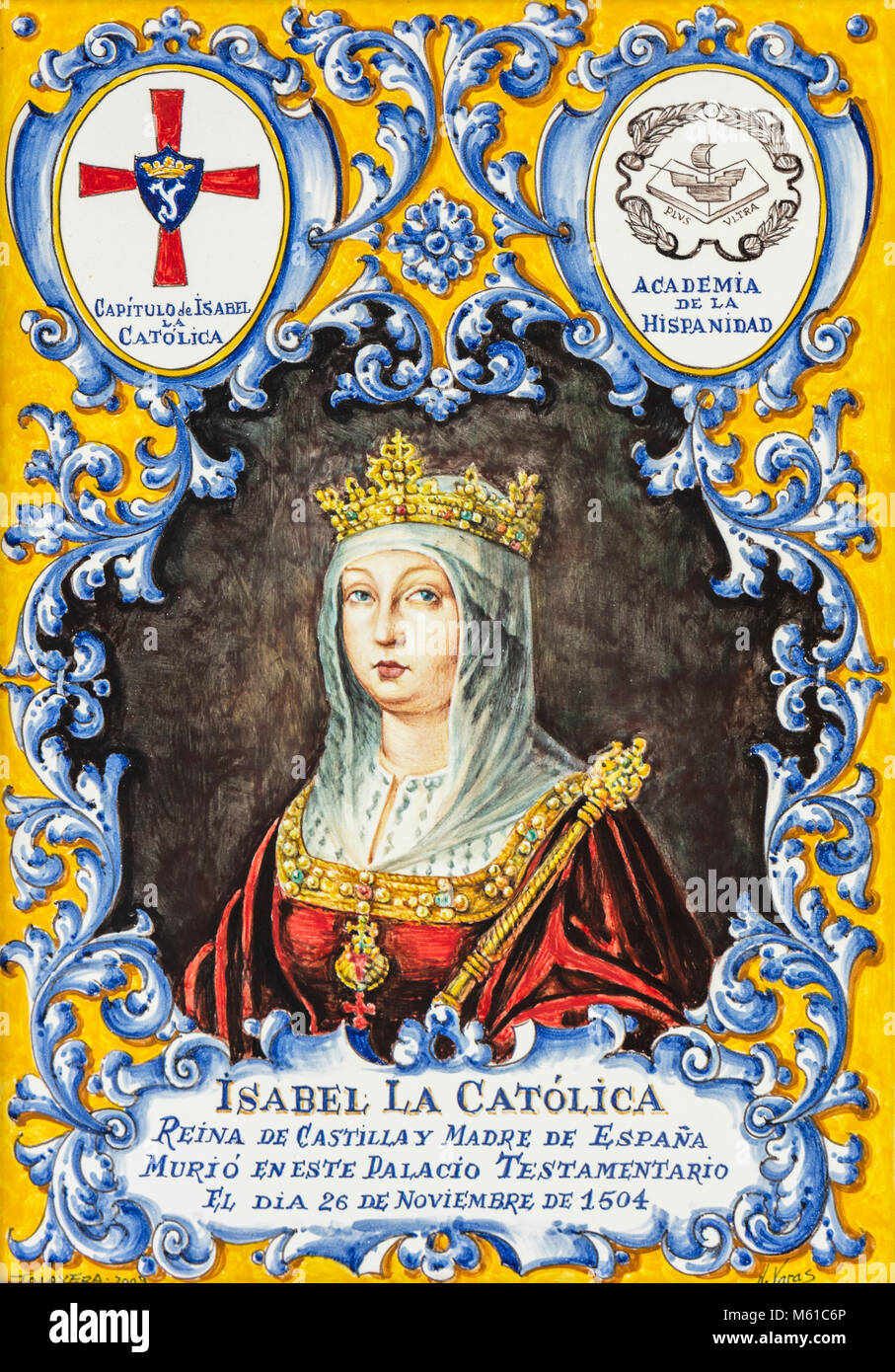 Azulejos de cerámica pintada en representación de la reina Isabel I de Castilla en el Palacio Real Testamentario de Medina del Campo, provincia de Valladolid, Castilla y Foto de stock