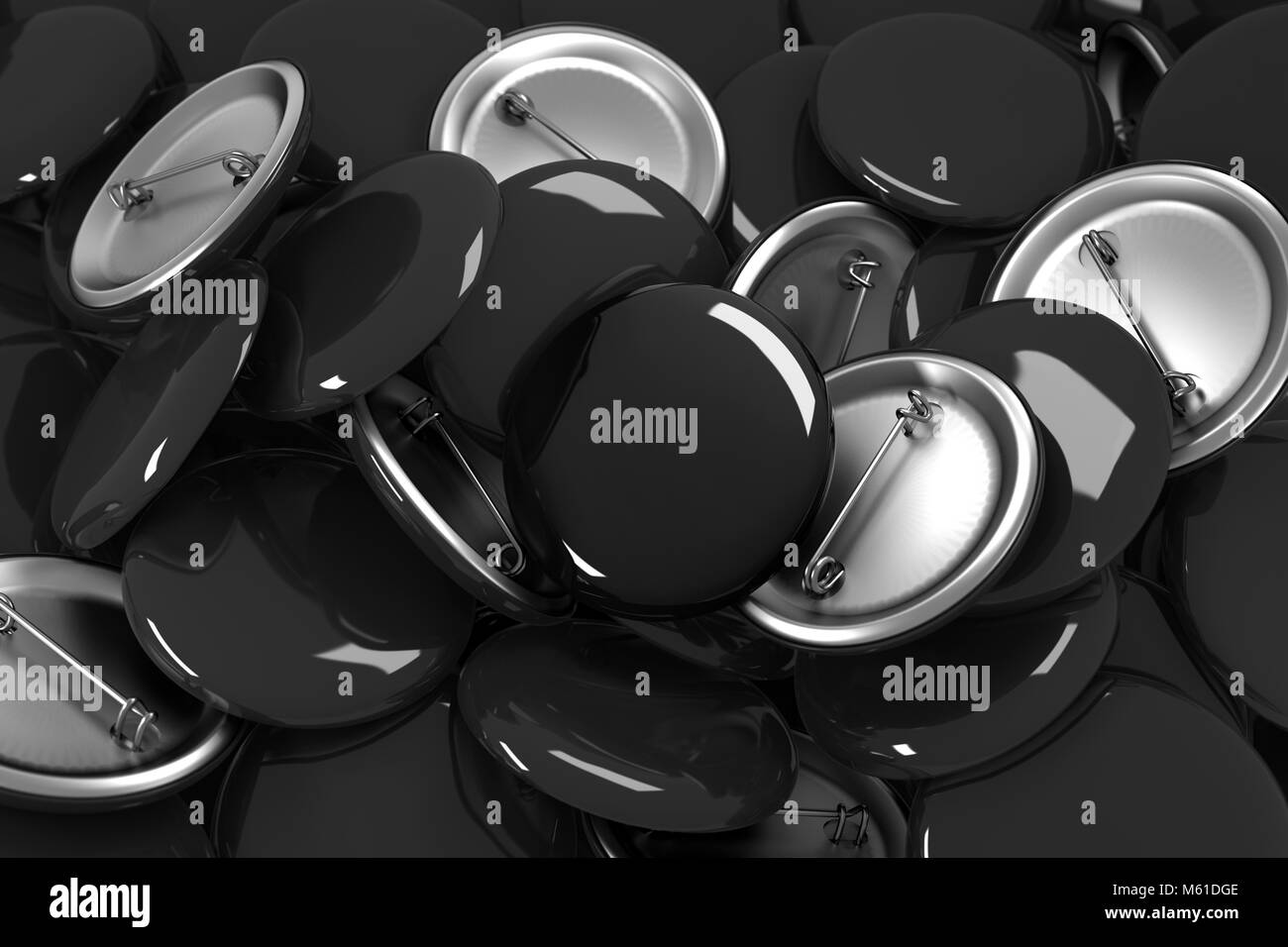 Muchas insignias del botón en blanco negro boceto, 3D rendering. Pila de plástico pasadores brillante maqueta. Foto de stock