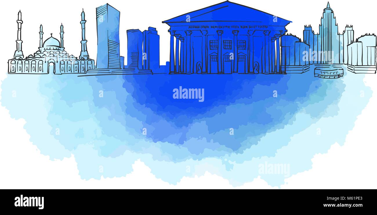 Astana Hito colorida pancarta. Hermoso dibujo vectorial dibujada a mano. Ilustración de viajes para el social media marketing y publicidad impresa. Ilustración del Vector