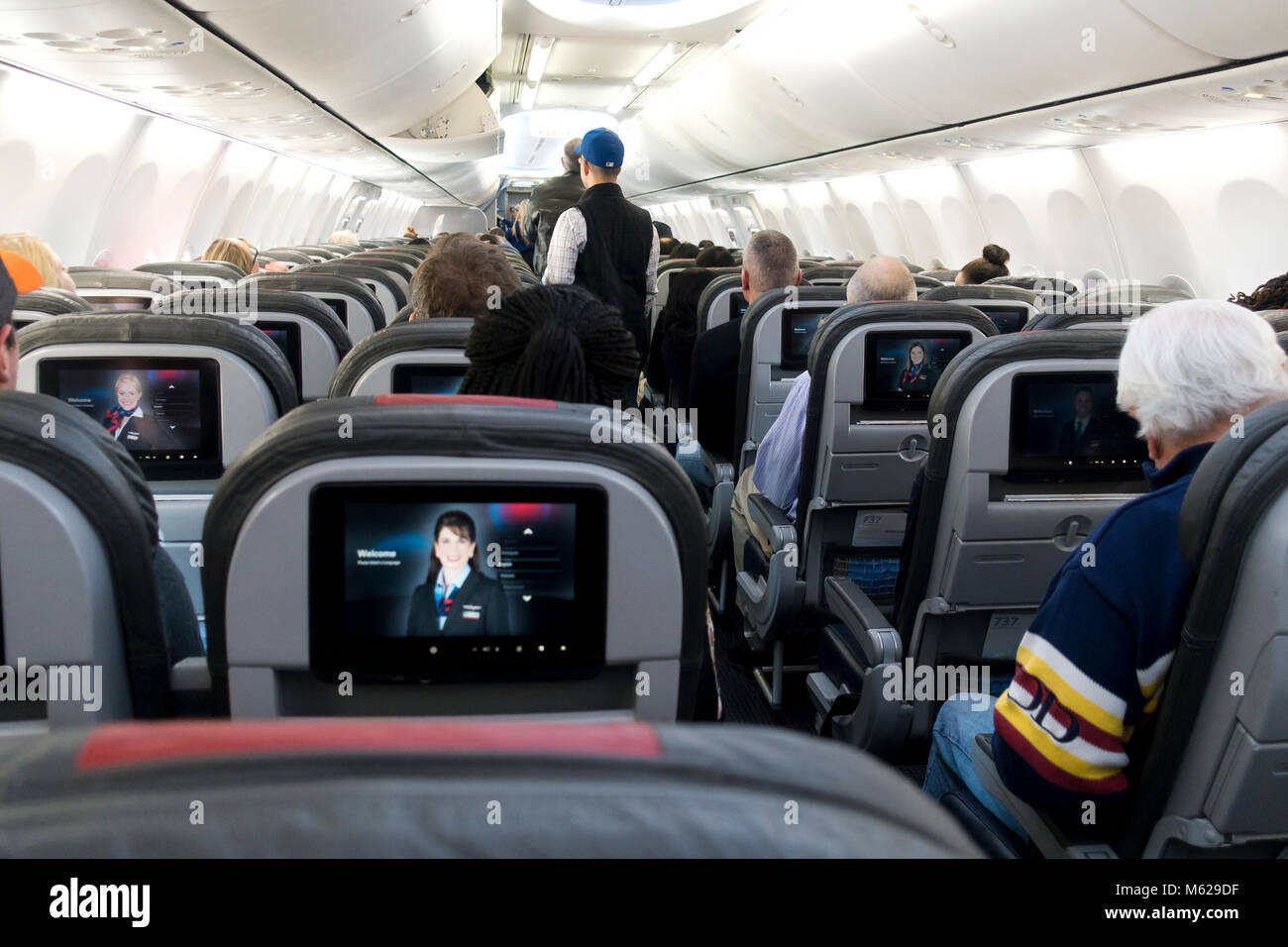 Asientos de autobús (clase económica) en American Airlines Boeing 737 Next Gen jet del pasajero interior - EE.UU. Foto de stock