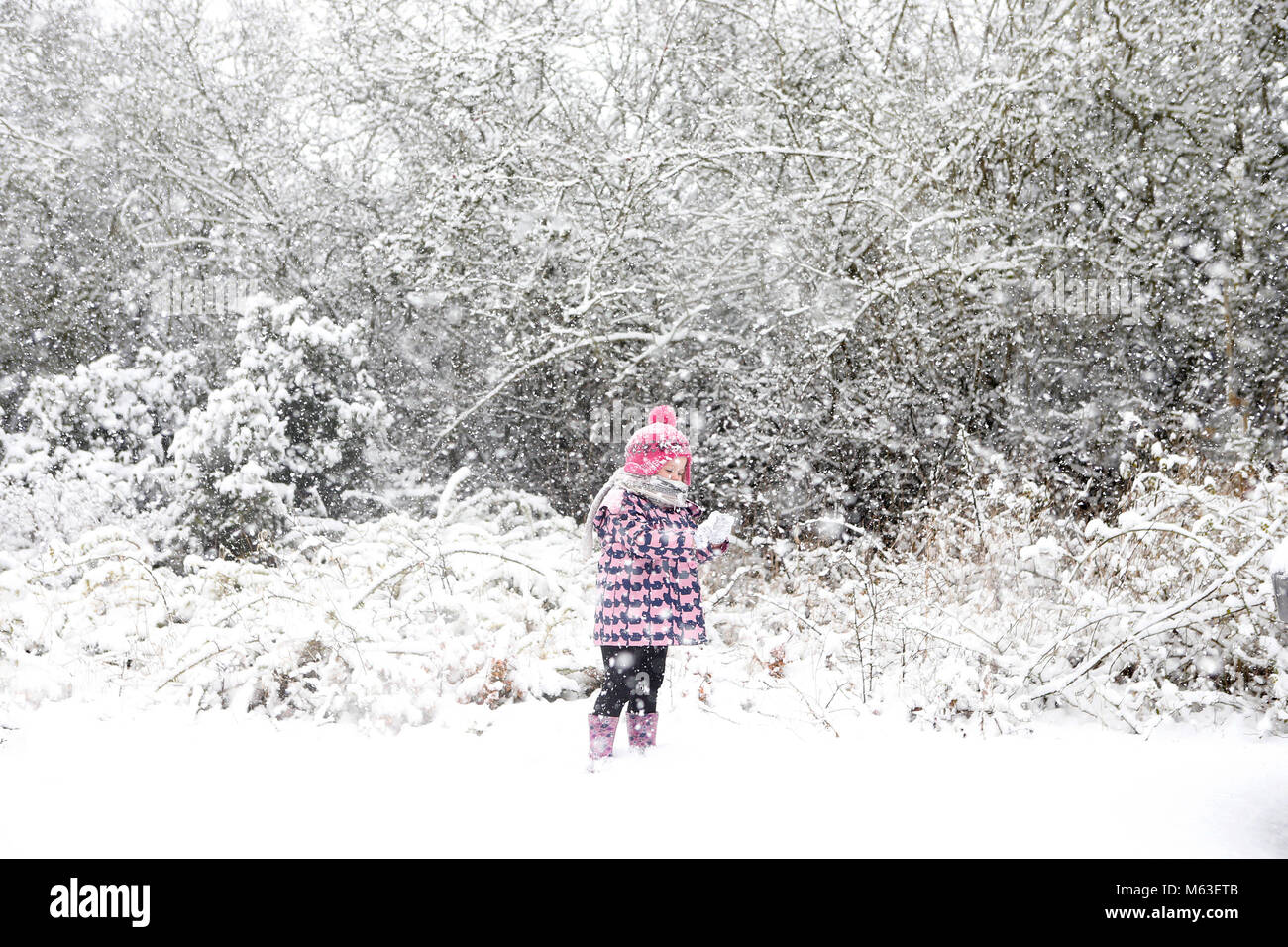 Cambridge, Reino Unido. 28 de febrero de 2018. Ivy Mitchell 2 1/2 años de edad juega en la nieve cerca de Cambridge, Reino Unido. Crédito: Jason Mitchell/Alamy Live News. Foto de stock