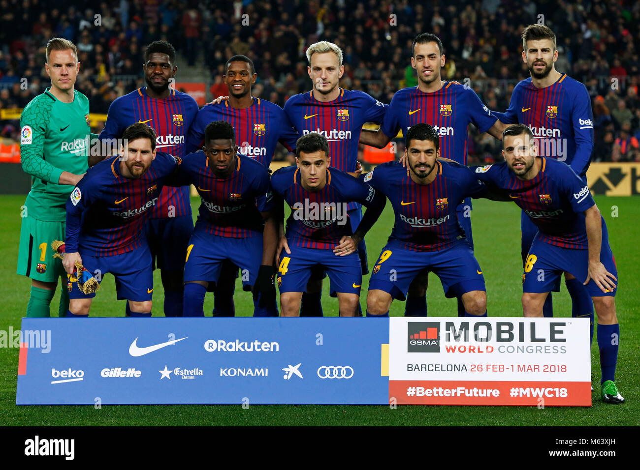 Barcelona, Crédito: D. 24 Feb, Equipo de Barcelona grupo line-up (Barcelona) Football/Soccer : de Primera División "Liga Santander' partido entre el FC Barcelona Girona 6-1 en el estadio Camp