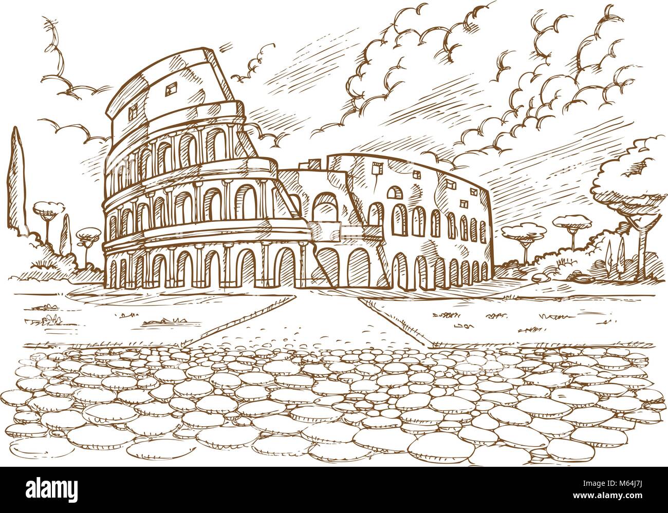 Coliseo dibujar a mano sobre fondo blanco. Ilustración del Vector