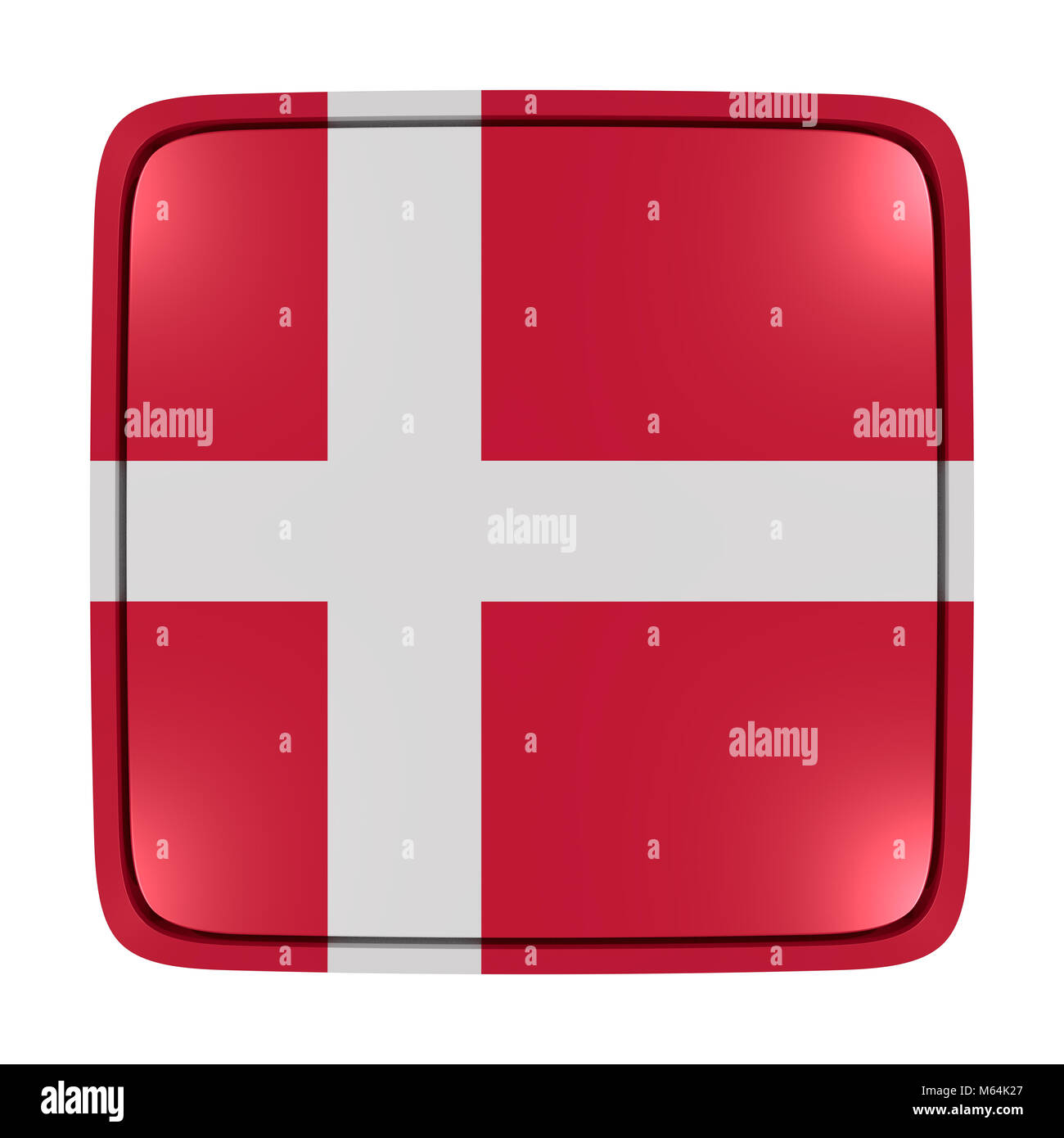 Representación 3D de un icono de bandera de Dinamarca. Aislado sobre fondo blanco. Foto de stock