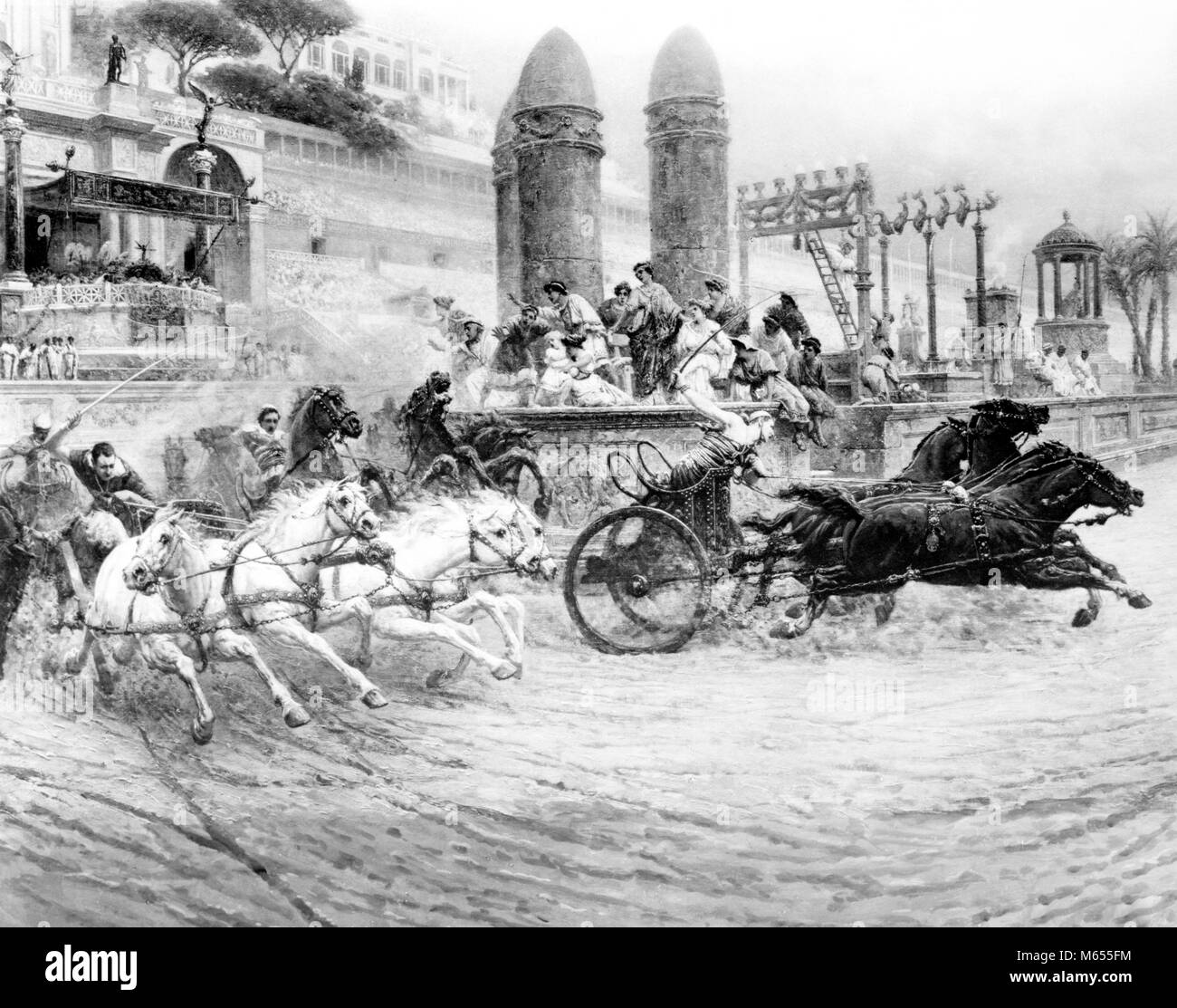 Ilustración CHARIOT carrera en el Circo Máximo la antigua Roma - UN6007 SPL001 HARS líder histórico éxito actividad romana antigua personalidad MAMÍFEROS AVENTURA ESTRATEGIA FUERZA CONCURSO EMOCIÓN NADIE PODEROSO ORGULLO COMPITIENDO CAPITAL CONCEPTO GANADORES ARTES MAXIMUS éxito azotes de Látigo pequeño grupo de animales mamíferos competidores competidor equino acciones B&W BLANCO Y NEGRO CAPITAL CHARIOT CARROS Circus Maximus competir anticuado eminentes personas Imperio Romano Roma batida ESPECTÁCULO Foto de stock