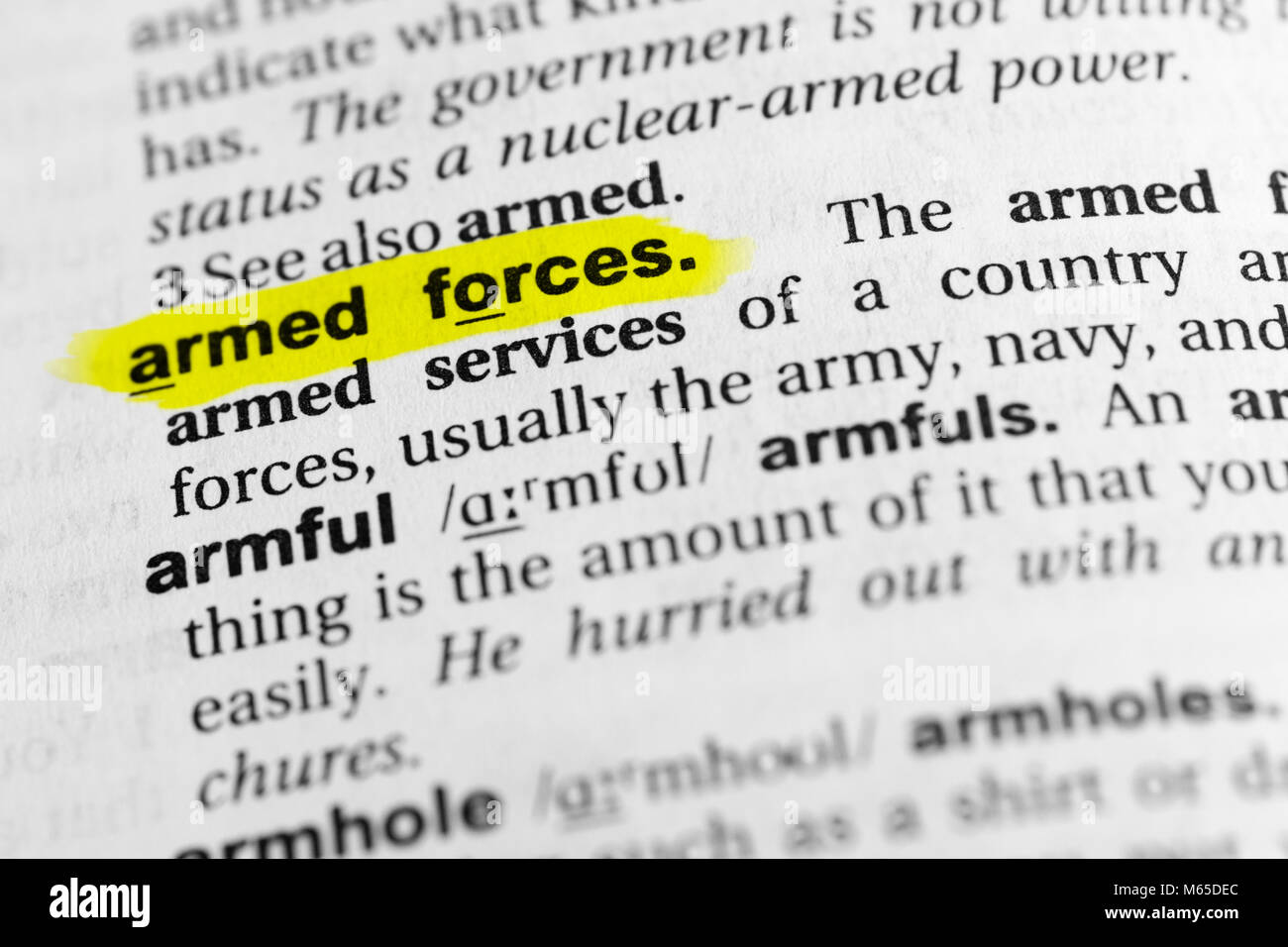 Resalta las palabras en inglés "fuerzas armadas" y su definición en el