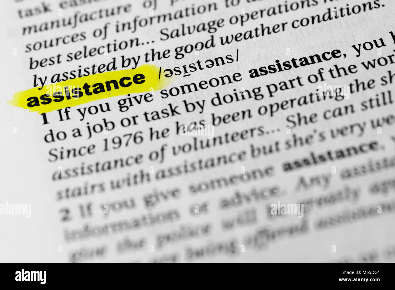 Resalta las palabras en inglés "asistencia" y su definición en el