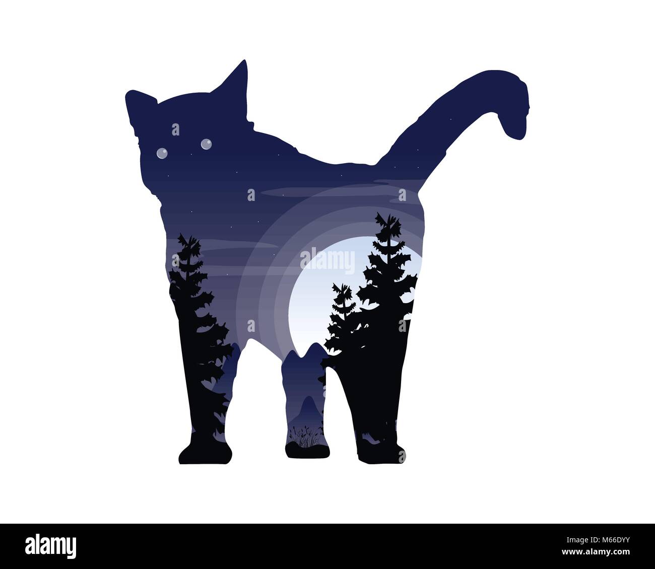 Silueta de un gato con dentro del paisaje de árboles Imagen Vector de stock  - Alamy