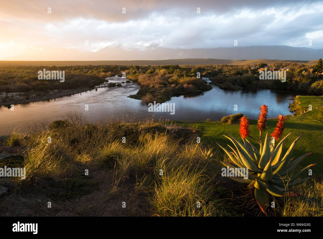 Puesta de sol sobre el río Breede, Cabo Occidental, Sudáfrica Foto de stock