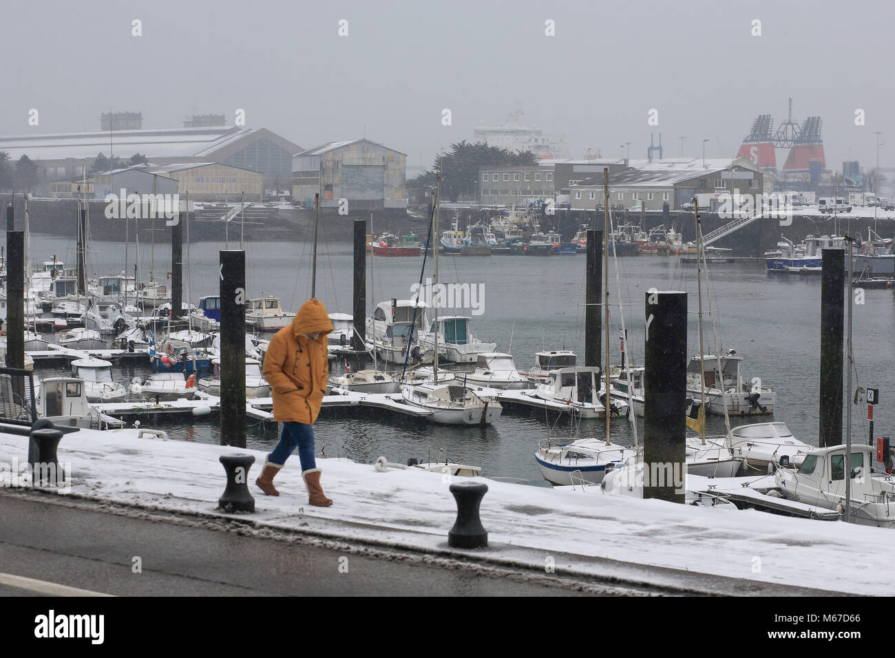 Puerto de Cherbourg, Normandía. 1 de Mar, 2018. La nieve de la 'Moscow-Paris' fría hechizo (o la bestia del Este) llega al puerto de Cherbourg, Normandía, Francia, el 1 de marzo de 2018 Crédito: David Gourhan/Alamy Live News Foto de stock