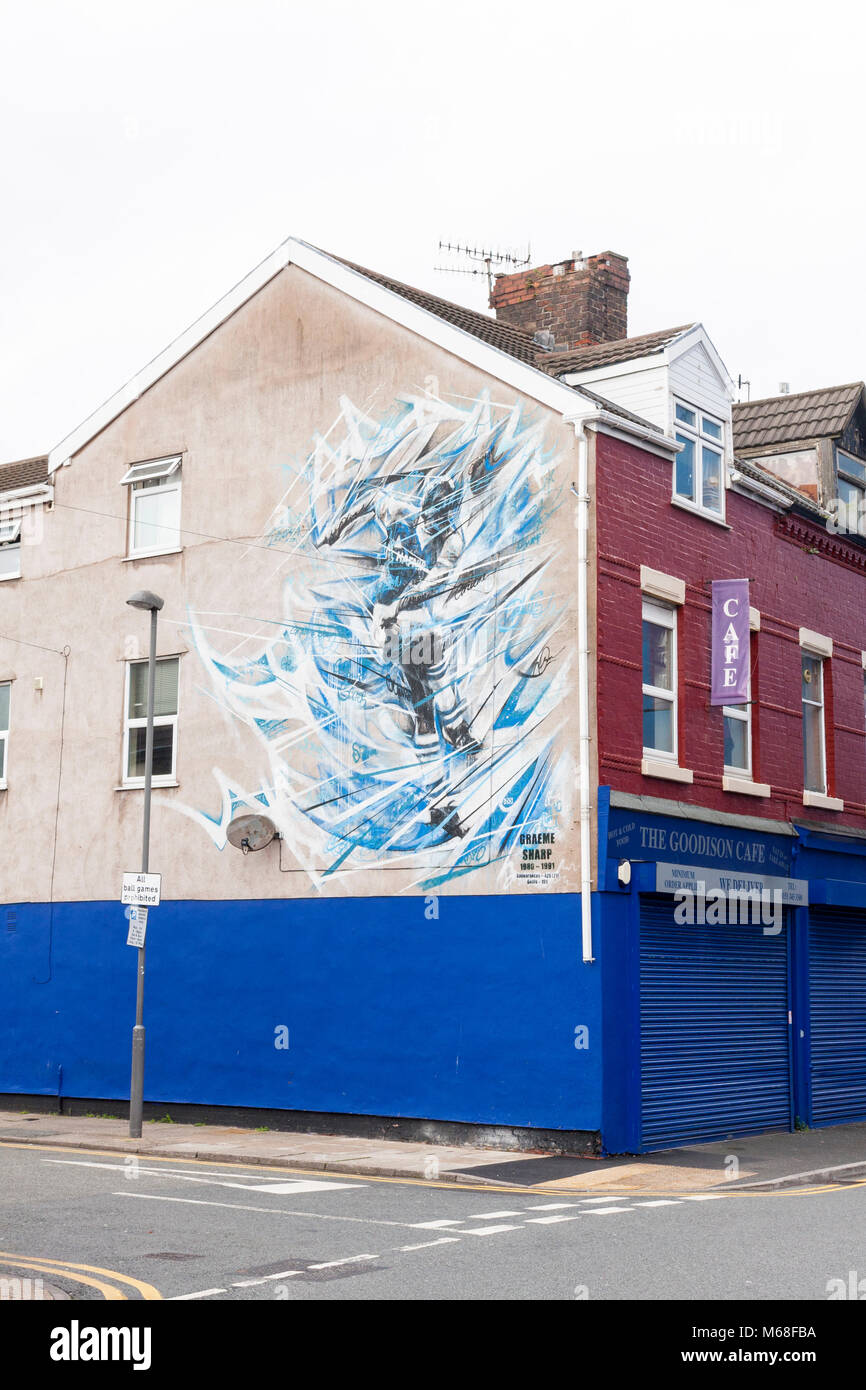 Un mural de Everton jugador y leyenda Graeme Sharp, pintado en el lateral de un edificio residencial. Goodison Road, Liverpool, Merseyside, REINO UNIDO Foto de stock