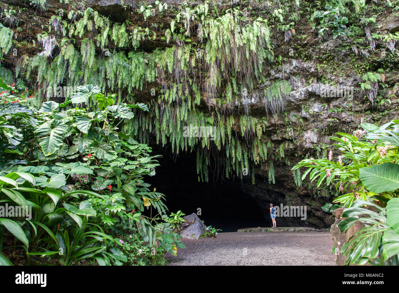 Mujer de pie delante de la Gruta Maraa, cueva, gruta, helechos, Taravao, Tahití, Polinesia Francesa Foto de stock