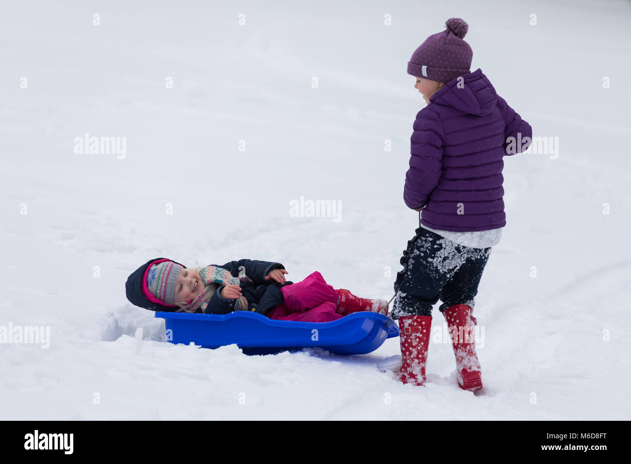 Pembrokeshire (Gales), 2º de marzo de 2018. Niños jugando en la nieve en trineo de Pembroke, Pembrokeshire (Gales, Reino Unido. Crédito: señala Buckley/Alamy Live News Foto de stock
