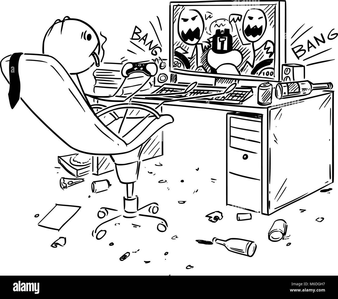 Caricatura del empresario beber, fumar y jugar a juegos de ordenador en el trabajo Ilustración del Vector
