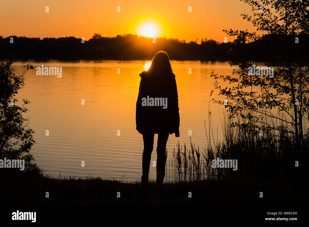 Silueta de una persona de sexo femenino, cerca del lago al atardecer Foto de stock