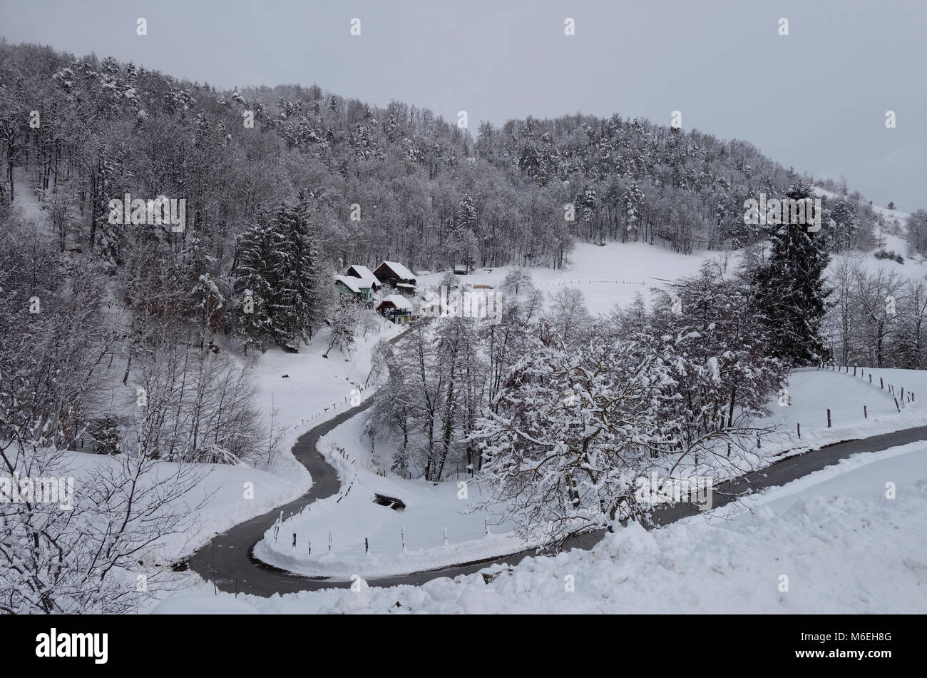 Con un paisaje cubierto de nieve en invierno homesteade. Región Stajerska Savinjska ; (Steiermark) Eslovenia Foto de stock