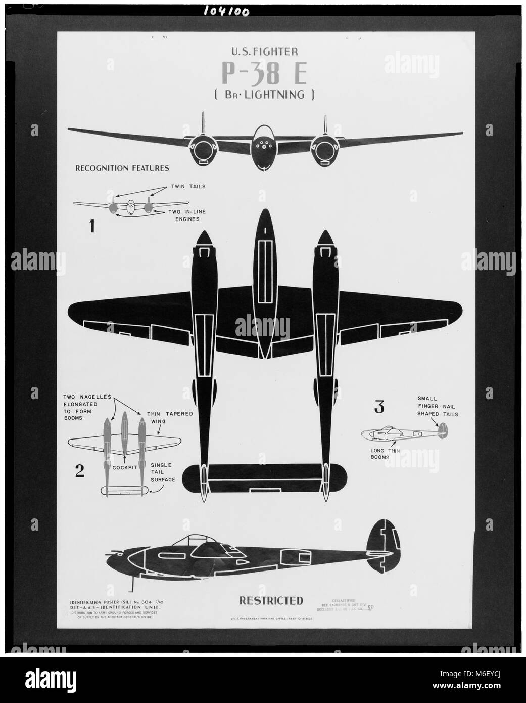 Diagrama de reconocimiento de la Lockheed P-38E, U S avión de combate de la Segunda Guerra Mundial, Washington DC, 1943. Foto de stock