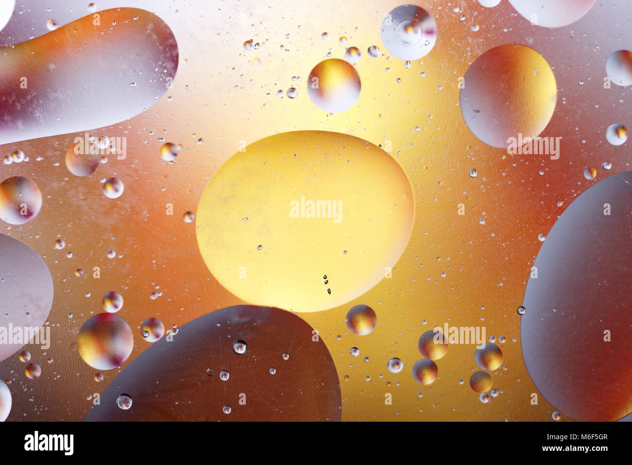 Burbujas de aceite en un medio acuoso en la frontera, con una superficie de cristal. Protector de pantalla de abstractos. Foto de stock