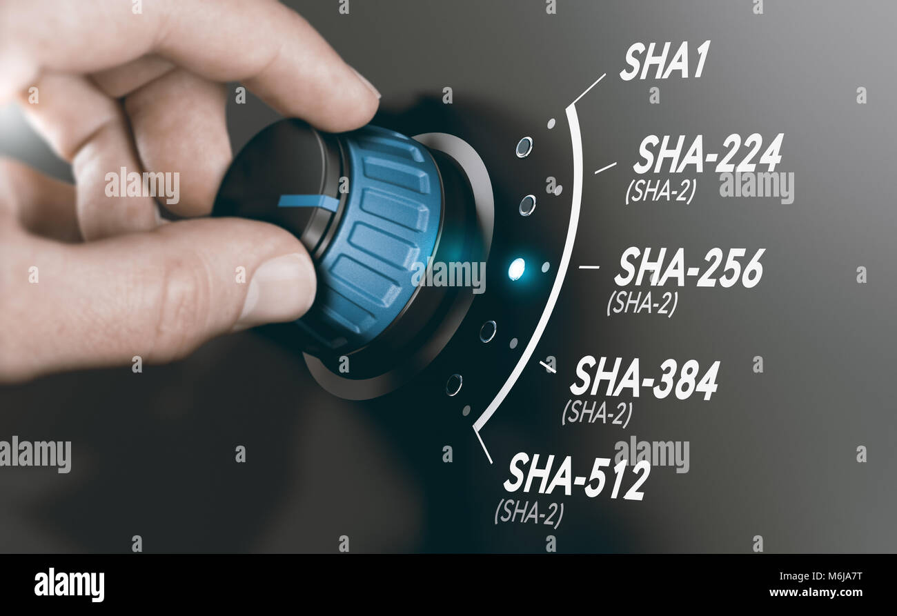 Hombre girando una criptografía para cambiar el algoritmo de hash criptográfico SHA-256. Imagen compuesta entre una mano y una fotografía 3D backgroun Foto de stock