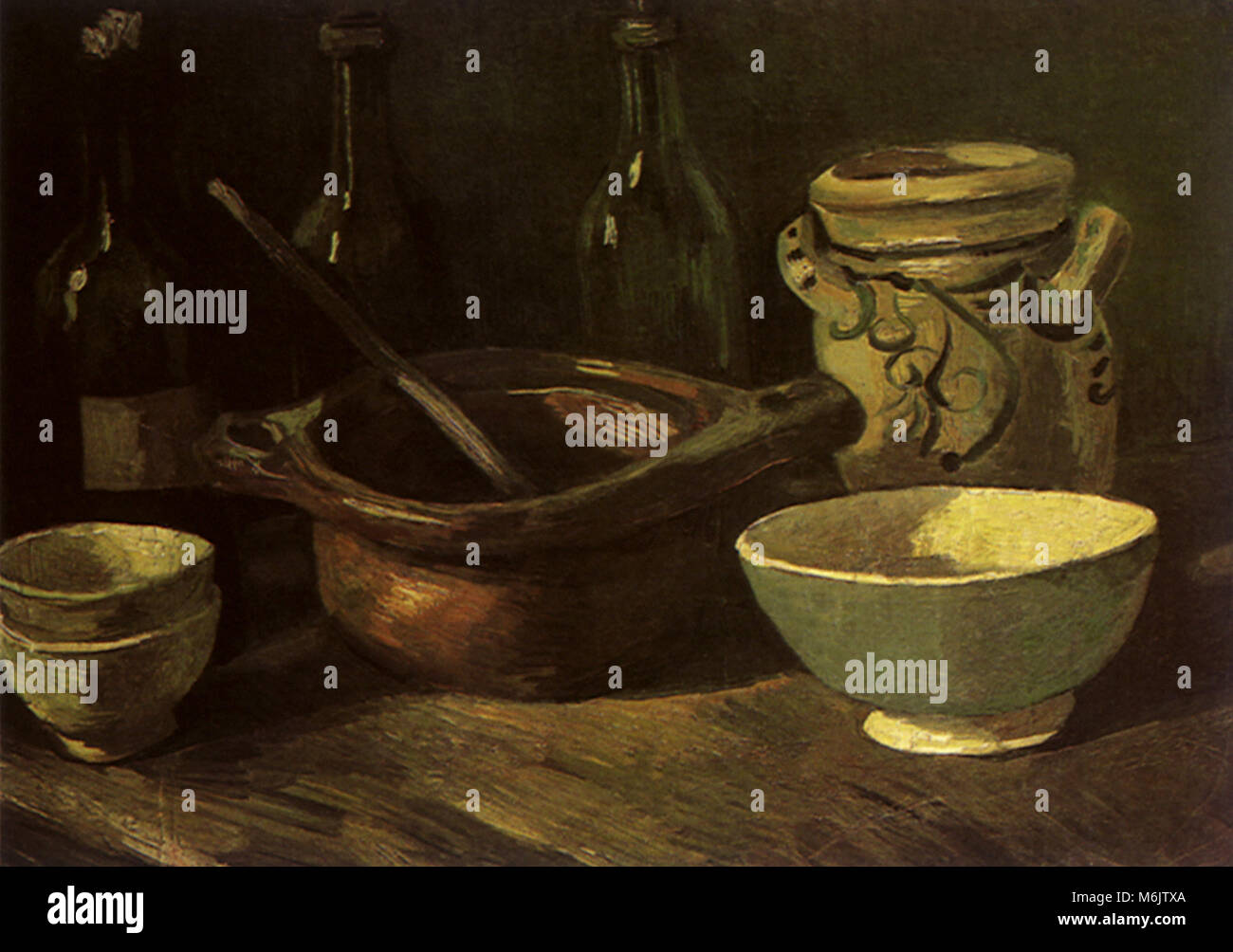 Bodegón con tres botellas y vasos de barro, Van Gogh, Vincent Willem, 1885. Foto de stock