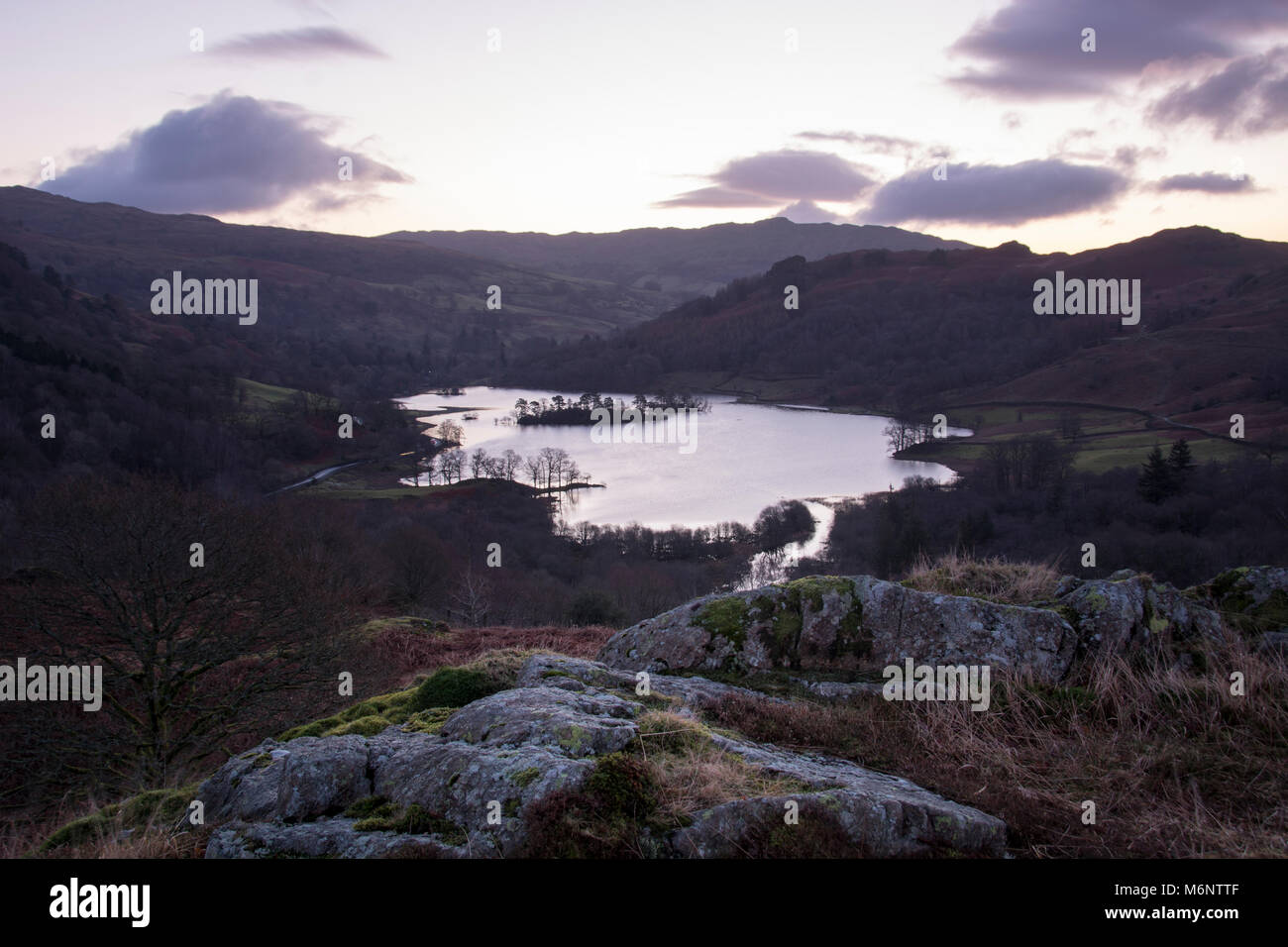 Vista del amanecer de musgo blanco de Rydal Water, Lake District, Inglaterra, Reino Unido. Foto de stock