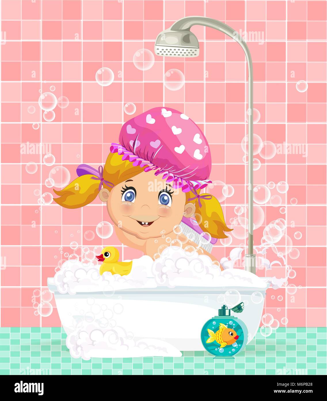 Ilustracion Vectorial De Dibujos Animados Lindo Bebe Rubia Chica De Caracter En Color Rosa Lavado Hat Tomando Un Bano De Burbujas Con Espuma Jugando Con El Pato De Goma Y Goldfi Imagen