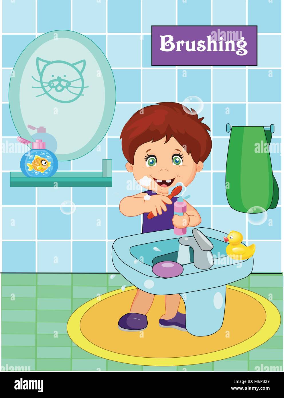 Cute little boy cepillarse los dientes en el baño. Ilustración vectorial Imagen Vector de stock