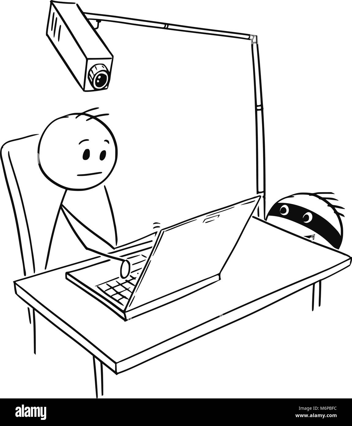 Caricatura de hombre o empresario trabajando en equipo mientras Hacker es robarle su contraseña Ilustración del Vector