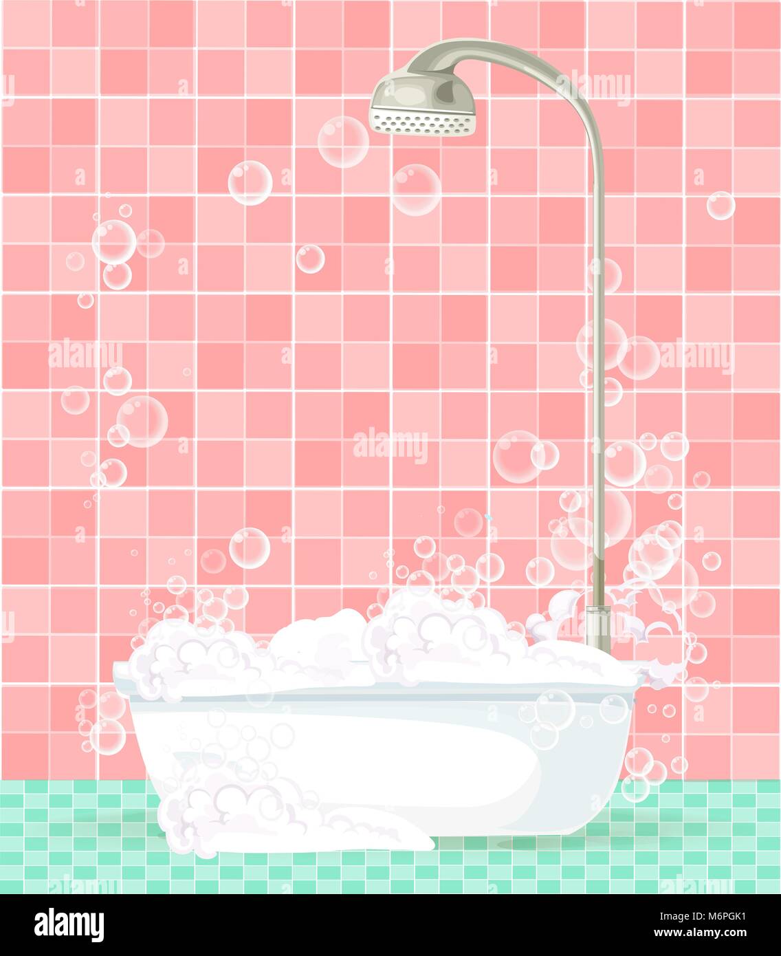 Caricatura baño interior con bañera llena de espuma, flotan burbujas de  jabón, en rosa, fondo en mosaico con espacio para el texto. Equipo cómodo f  Imagen Vector de stock - Alamy