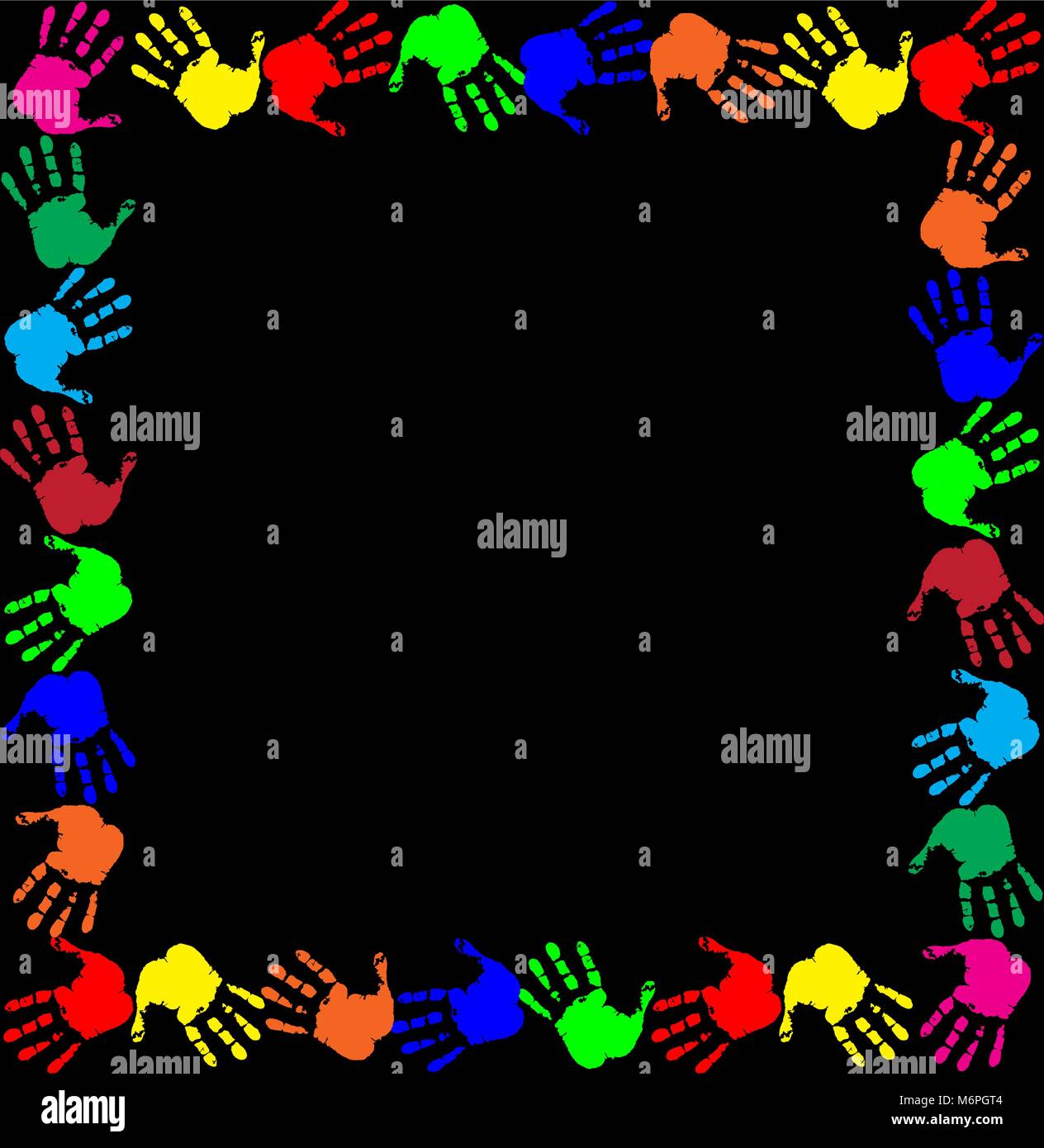Arco iris brillante armadura con copia vacía espacio para texto o imagen y huellas multicolores frontera aislado sobre fondo negro. Vector plantilla festiva, Ilustración del Vector