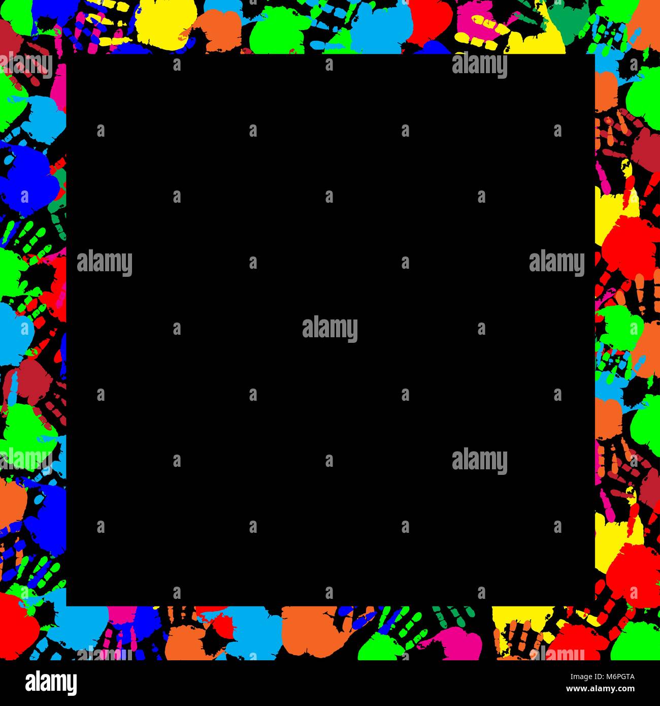 Arco iris de colores de marco de trabajo con copia vacía espacio para texto o imagen y huellas multicolores frontera aislado sobre fondo negro. Vector te festivo Ilustración del Vector