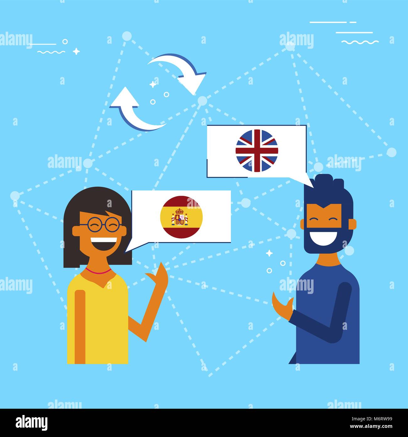 Ilustracion Del Concepto De Traduccion De Comunicacion Internacional Amigos De Espana E Inglaterra Chateando En Medios Sociales Traductor App Vector Eps10 Imagen Vector De Stock Alamy