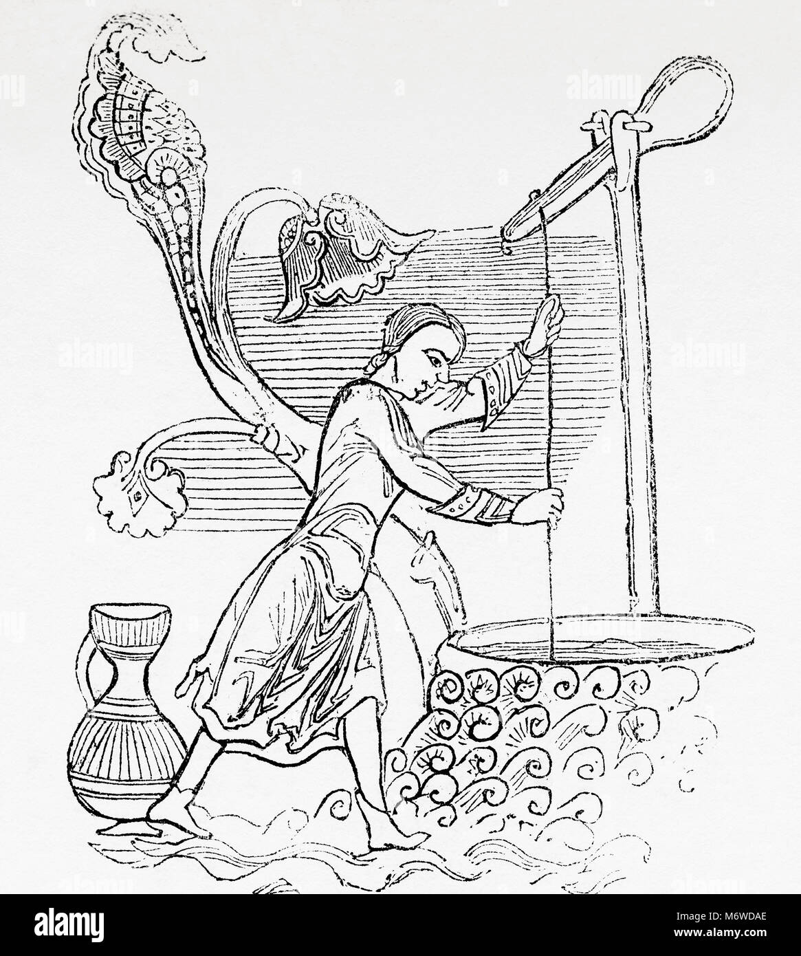 Elevar agua desde un pozo con una palanca cargada en la edad media. Desde Inglaterra vieja: un museo pictórico, publicado 1847. Foto de stock