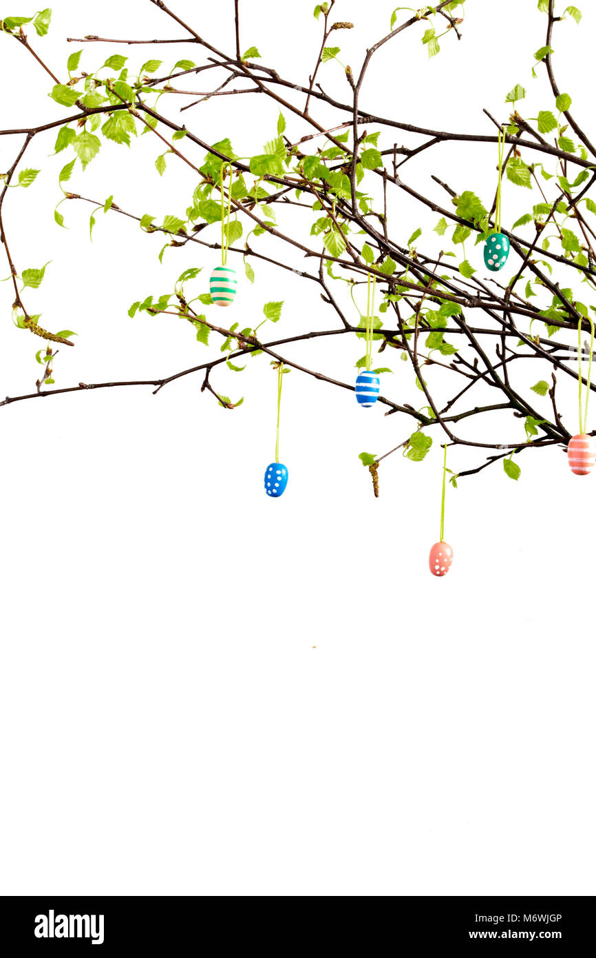 Ramas de árbol con huevos de pascua colgantes aislado en blanco. Copie el espacio. Foto de stock
