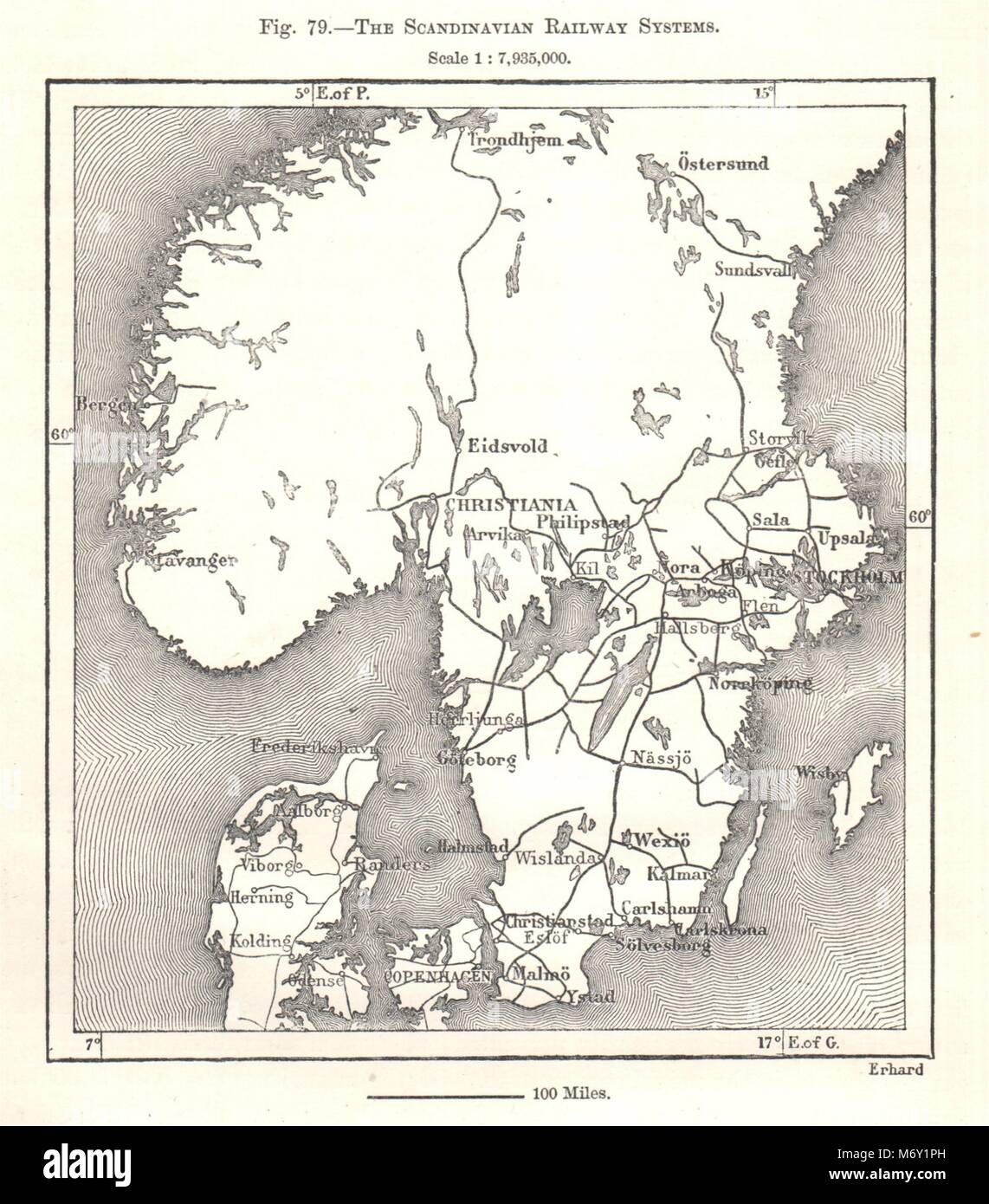 Los sistemas ferroviarios escandinavo. Suecia. Croquis 1885 antiguedades Foto de stock