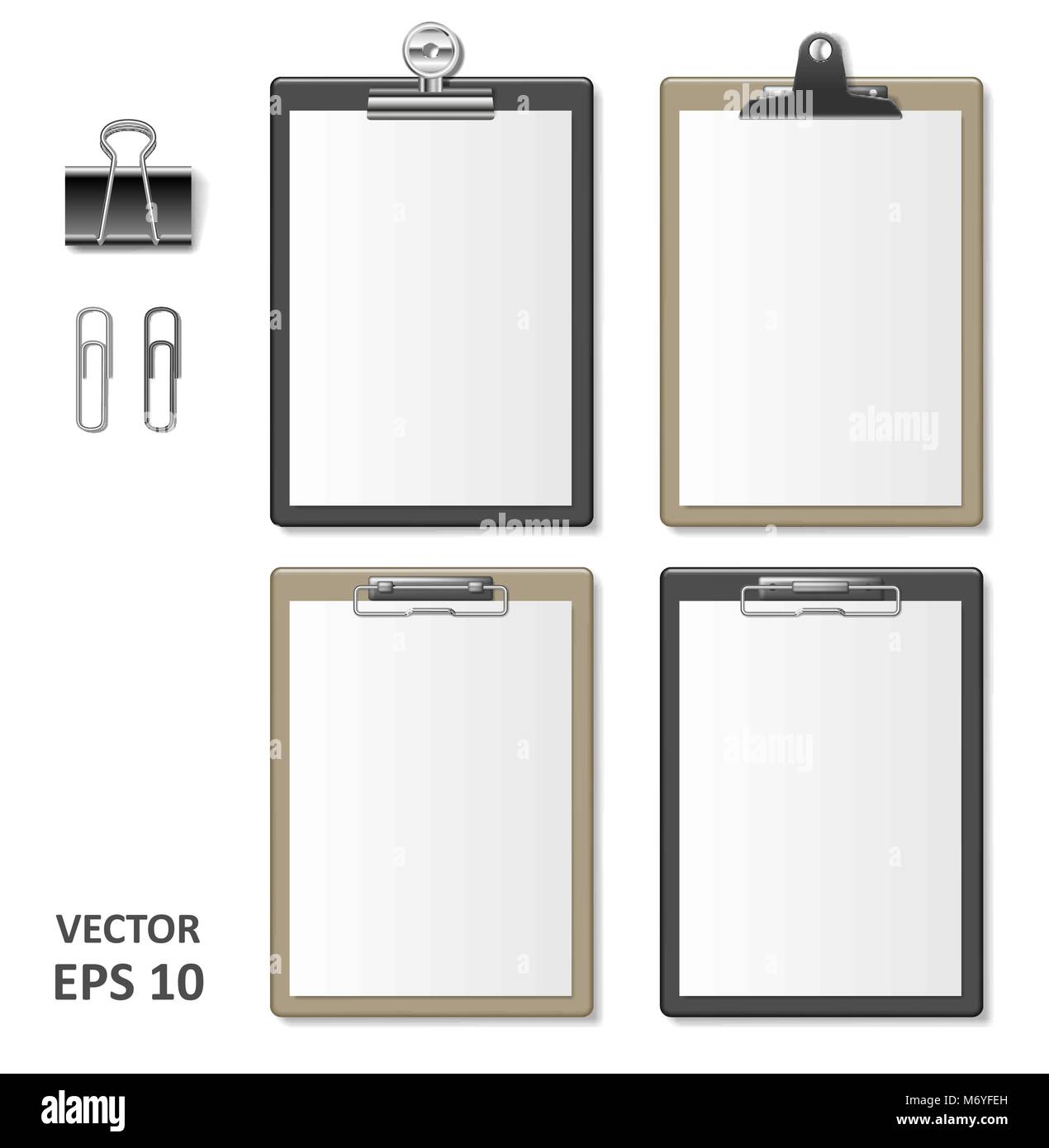 Conjunto de tablillas realista con hoja de papel en blanco. El bloc de notas de información Plantilla para la identidad corporativa. Portapapeles de madera marrón y negro ilustración vectorial. Ilustración del Vector