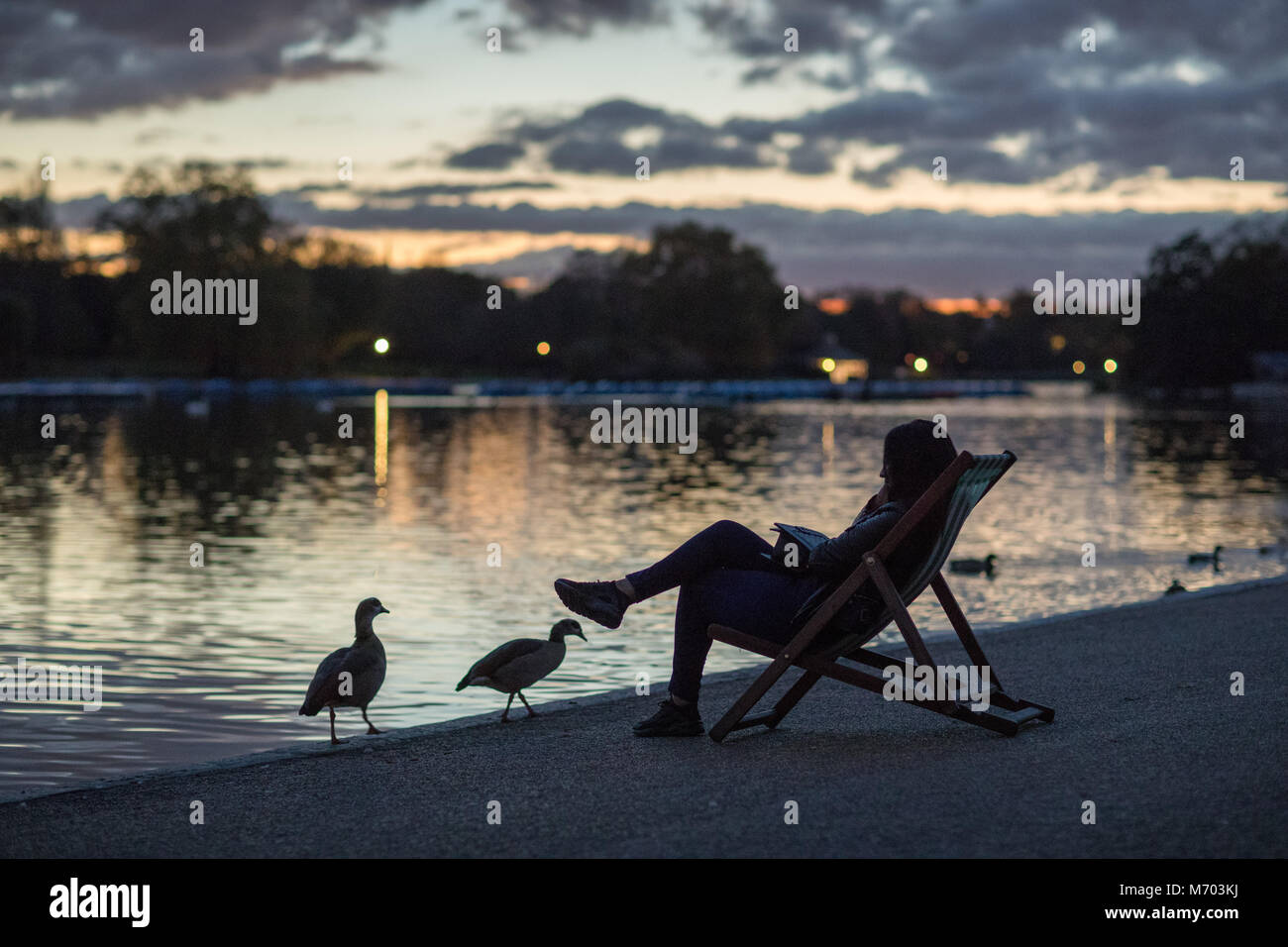 Una mujer y el ave por el Round Pound en Hyde Park al anochecer, Londres, Inglaterra, Reino Unido. Foto de stock