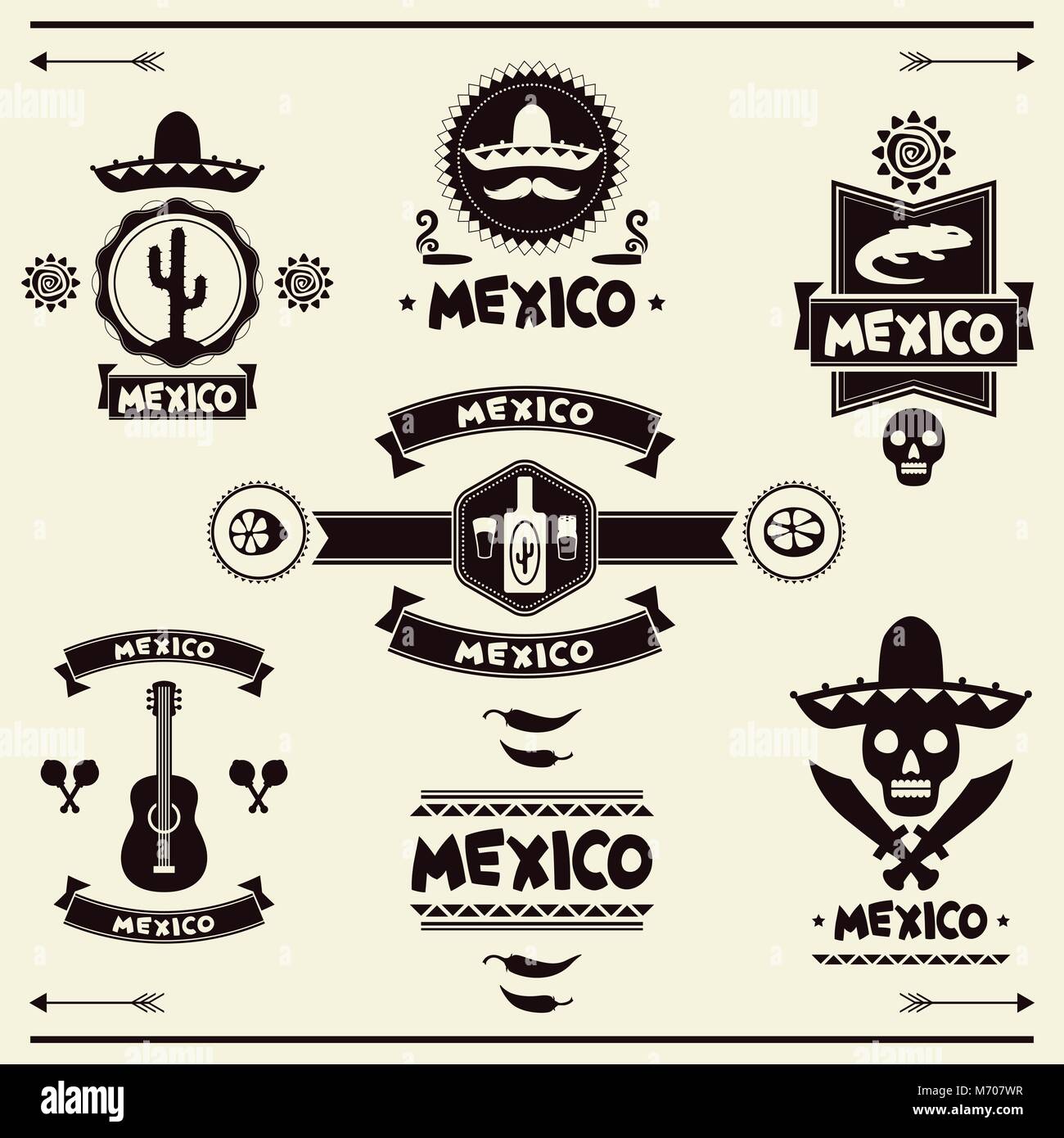 Conjunto mexicano de etiquetas y pegatinas con iconos Ilustración del Vector