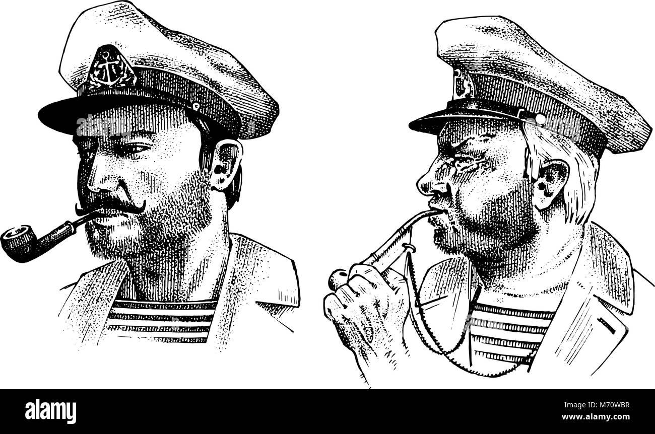 Boatswain con tubo. capitán de mar, marina viejo marinero o bluejacket