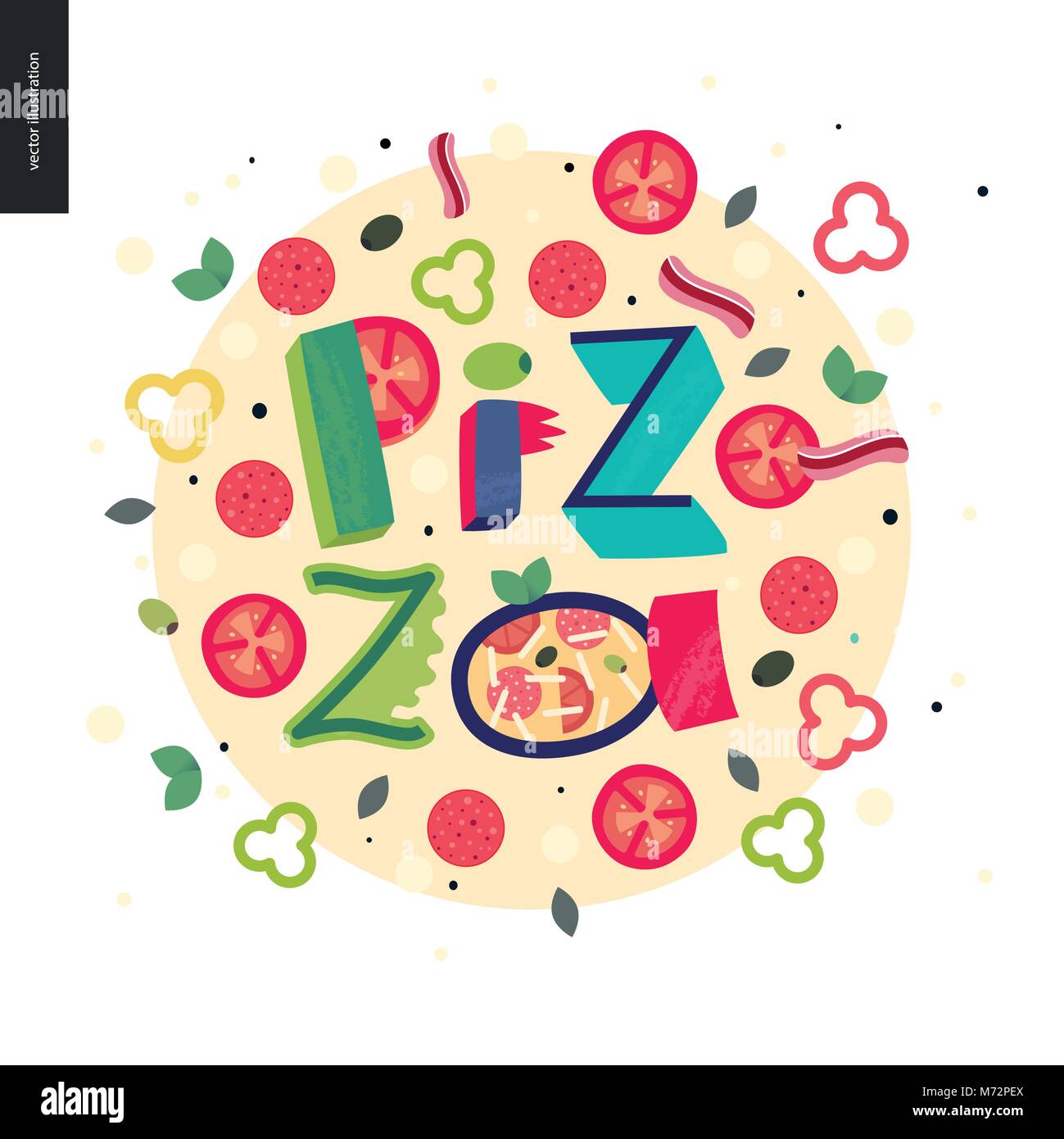 Restaurante de cocina italiana, pizza y rotulación Pizza Ilustración del Vector