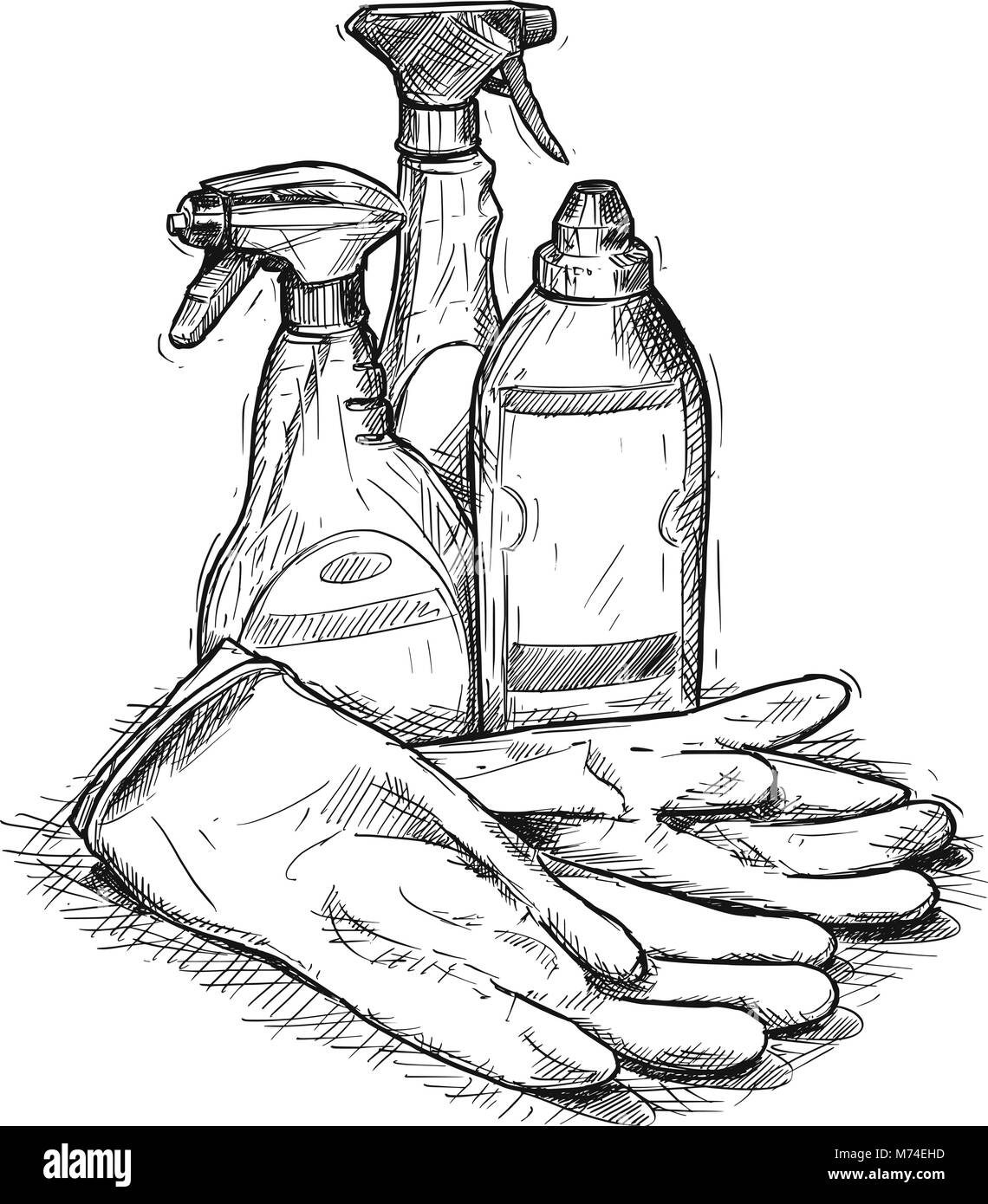 Dibujo a mano alzada, vector del conjunto de productos de limpieza de la casa Ilustración del Vector