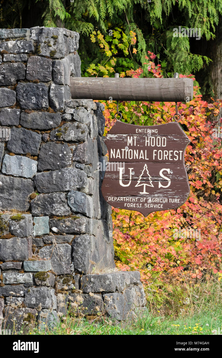 Señal de entrada para el Mt Hood National Forest, Oregón Foto de stock