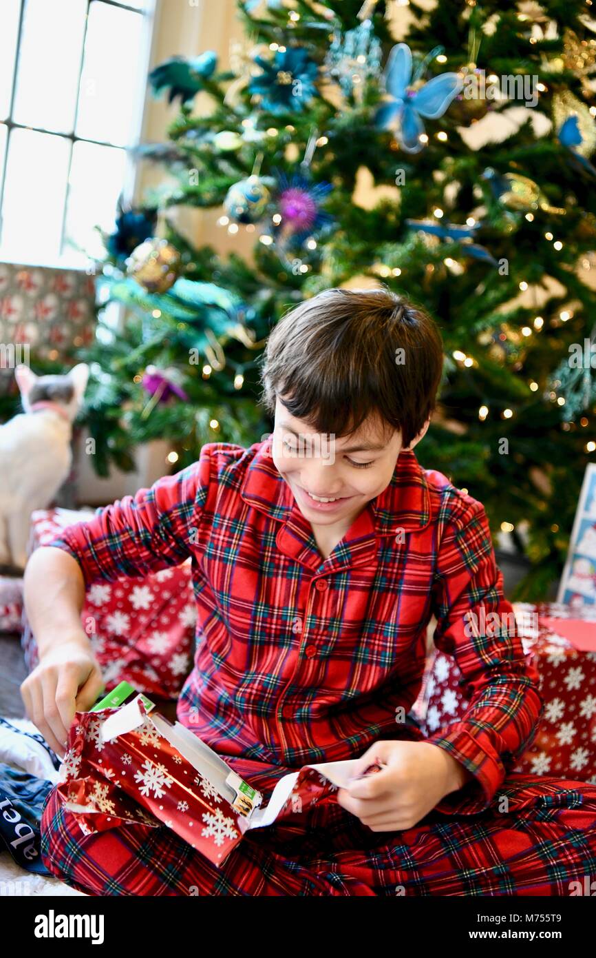 Los adolescentes de entre 10 y 14 años en la mañana de Navidad junto al árbol de Navidad con regalos Foto de stock